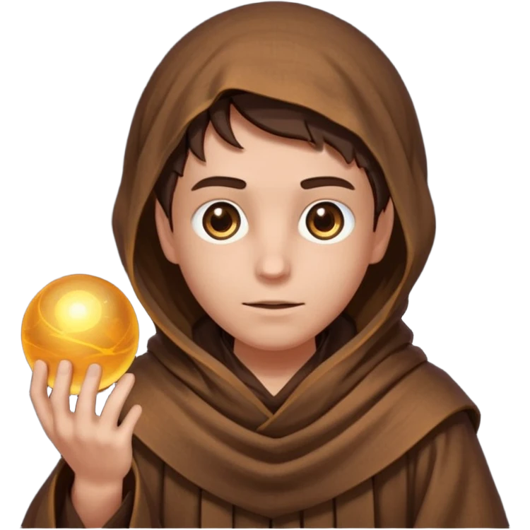 Coarse, hand-woven brown robes with deep,  shadowed cowls  with A dark, light-absorbing void within the hood where only two glowing yellow or orange eyes are visible. In AI generation, specify "glowing orb-like eyes" or "beady luminous eyes". emoji