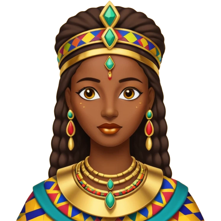 Create me an emoji of a beautiful Ethiopian Queen of Sheba wearing a colorful African patterns. emoji