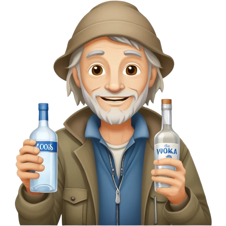 Радостный бомж алкаш с бутылкой водки в руках предлагает выпить emoji