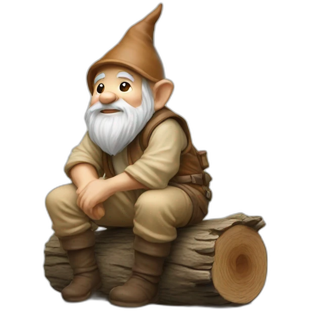 side view of gnome with light tan pants squatting on top of tiny brown log emoji