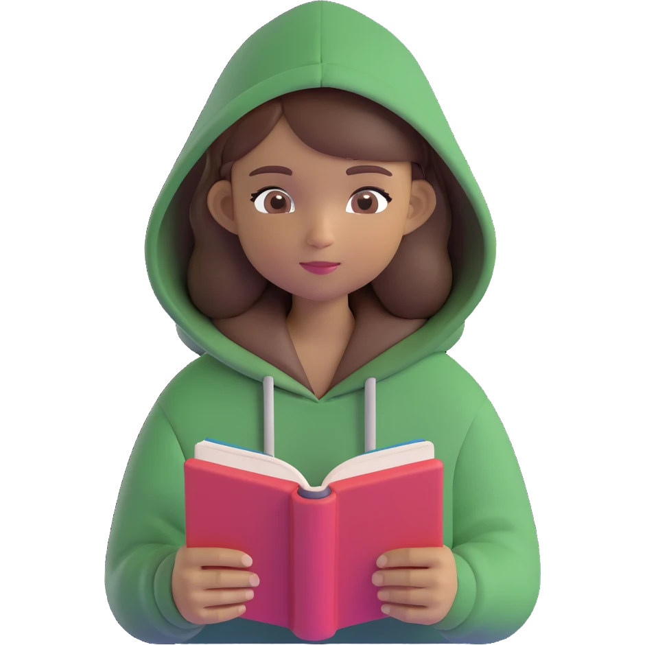 emoji of a girl with medium skin tone, brown hair, reading a book, wearing a hoodie emoji
