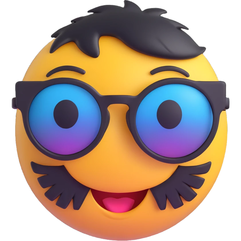 3D smiley emoji, nagy szempillás, napszemüvegben, nevetős emoji