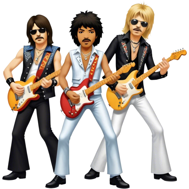 Icon for Rock Music: collage of iconic rock musicians—Klaus Meine, Jimi Hendrix, Kurt Cobain, Freddie Mercury, and Ozzy Osbourne—playing electric guitars and singing on stage. Capturing the powerful energy and rebellious spirit of rock. Transparent background. emoji
