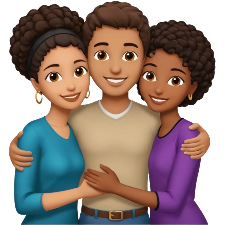  middle Eastern man with short brown hairwith two black african women both are African one is medium tone skin black and one is medium tone black with african hair styles. and they are all smiling and putting their arms around each other and kissing sexually  emoji
