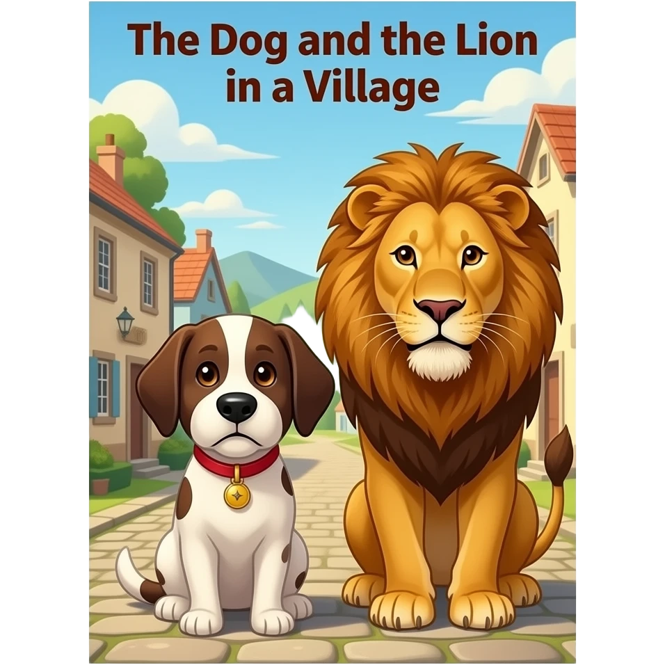 quiero una portada de comic que se titule the dog an the lion in a village emoji