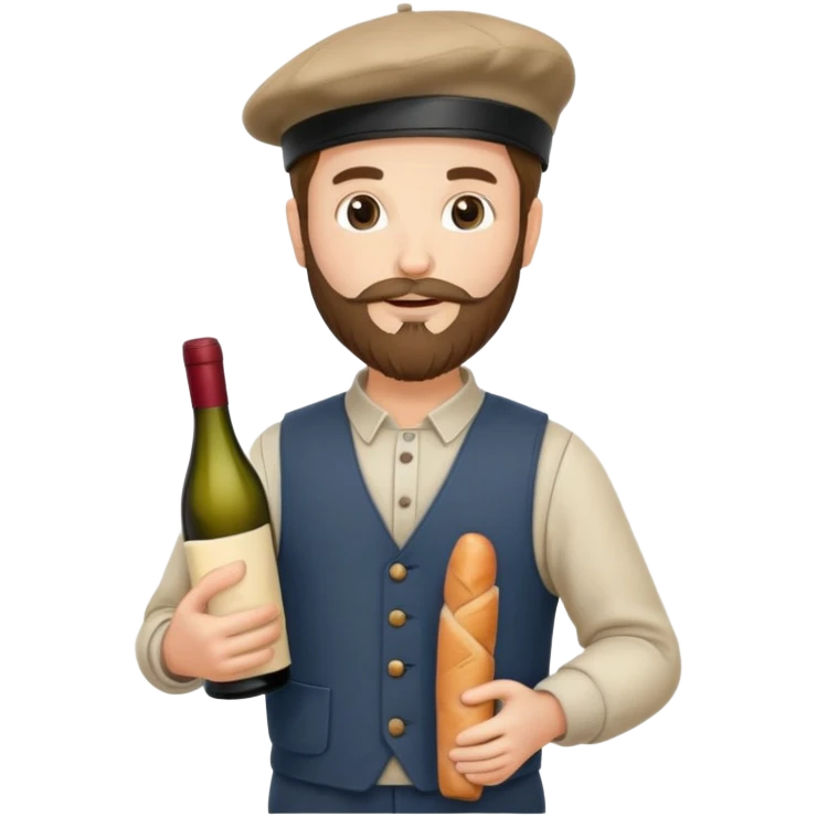 French man with beard, béret, trousers, holding a baguette and wine  emoji
