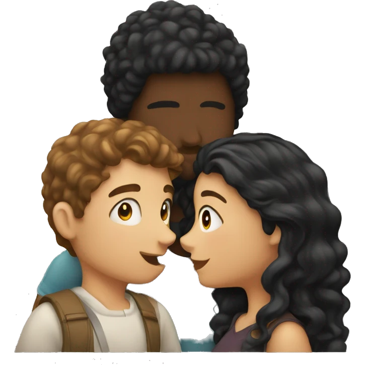 a couple giving a kiss, the girl has black long hair and the boy has curly brown hair emoji