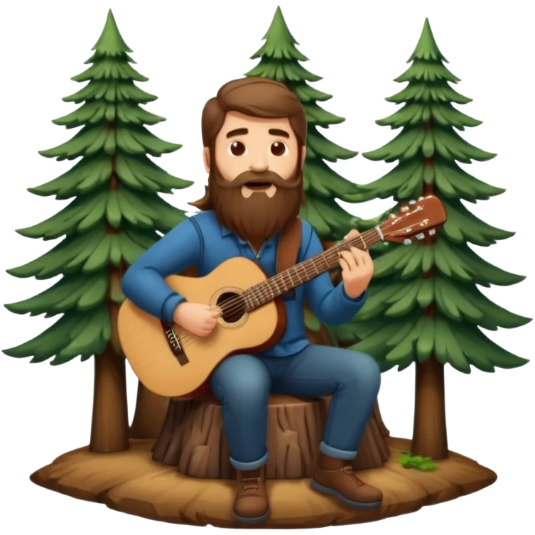 forest sticker character, bearded man with long brown hair playing acoustic guitar by pine trees emoji