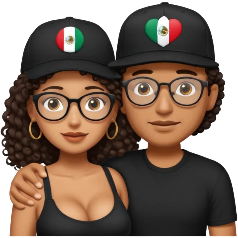A picture of an embracing tanned couple. the man is a Mexican man with tanned skin, with a bald hair cut wearing a SnapBack hat and a black shirt. the woman is mixed, with long curly dark brown hair and with big boobs and eyeglasses  emoji