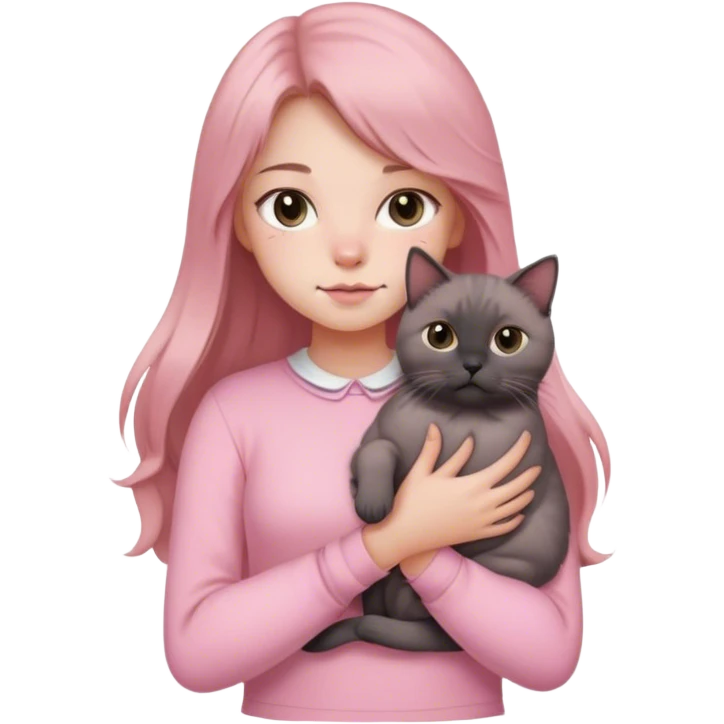 
girl with light brown long hair, grey eyes and fair skin in pink pastel clothes holds a black British cat in her arms emoji