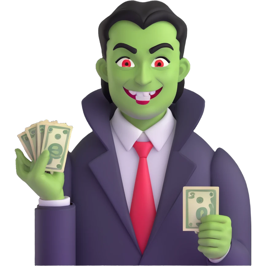 sinister demon salesman counting money with evil smile emoji