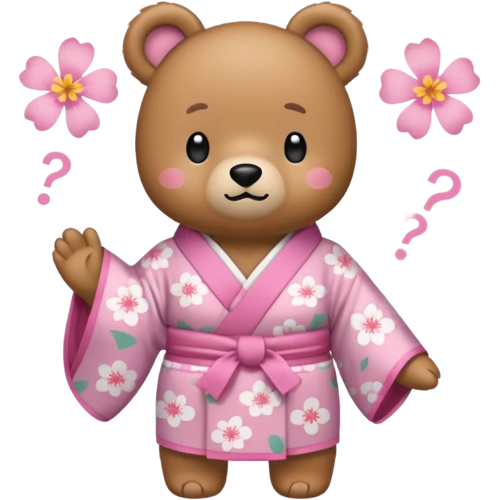 A cute light-brown bear wearing a pastel pink sakura-patterned kimono, normal balanced body ratio.  
Tilting head slightly with a confused face, a big floating question mark above the head.  
Kawaii emoji style, minimalistic clean sticker illustration, white background. emoji