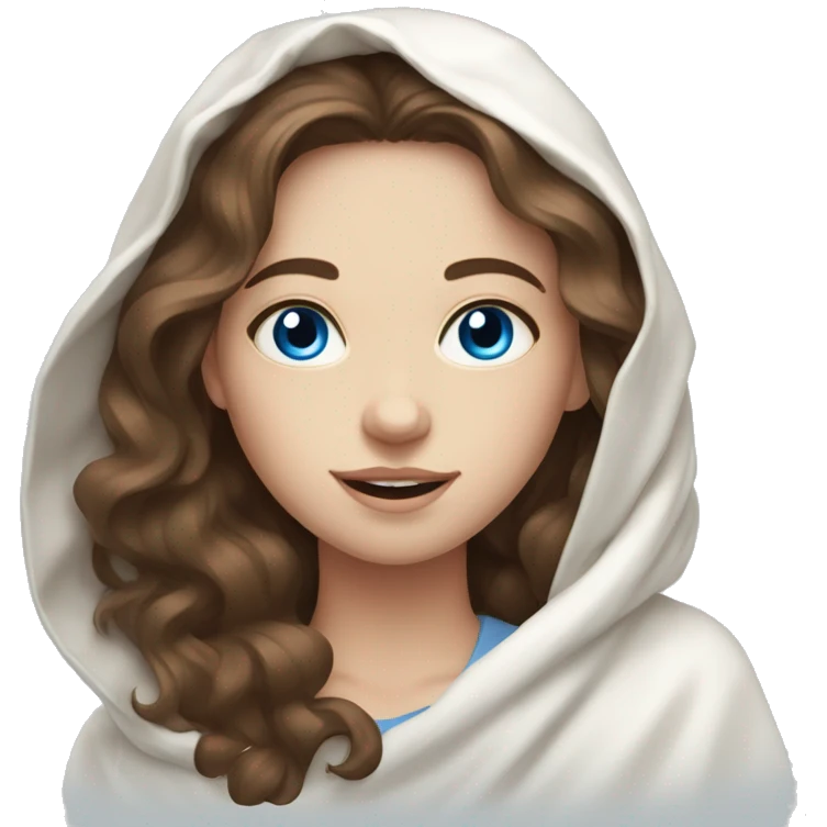 a pale girl with wavy brown hair and blue eyes in a white blanket emoji