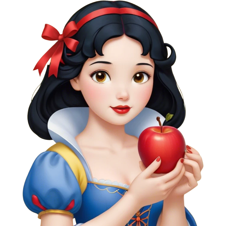 Cinematic Realistic Snow White Portrait, depicted with lifelike skin texture, soft natural lighting, and intricately detailed black hair styled with a red ribbon. Her soft brown eyes radiate innocence and kindness, complemented by a warm, gentle smile. She holds an apple in one hand, her other hand resting against her cheek, embodying her purity and charm. She is dressed in her classic yellow, blue, and red gown, the fabric rich in texture with delicate folds that catch the light beautifully. The portrait features a soft, natural glow with a radiant finish, capturing the essence of timeless beauty in a realistic and painterly style. emoji