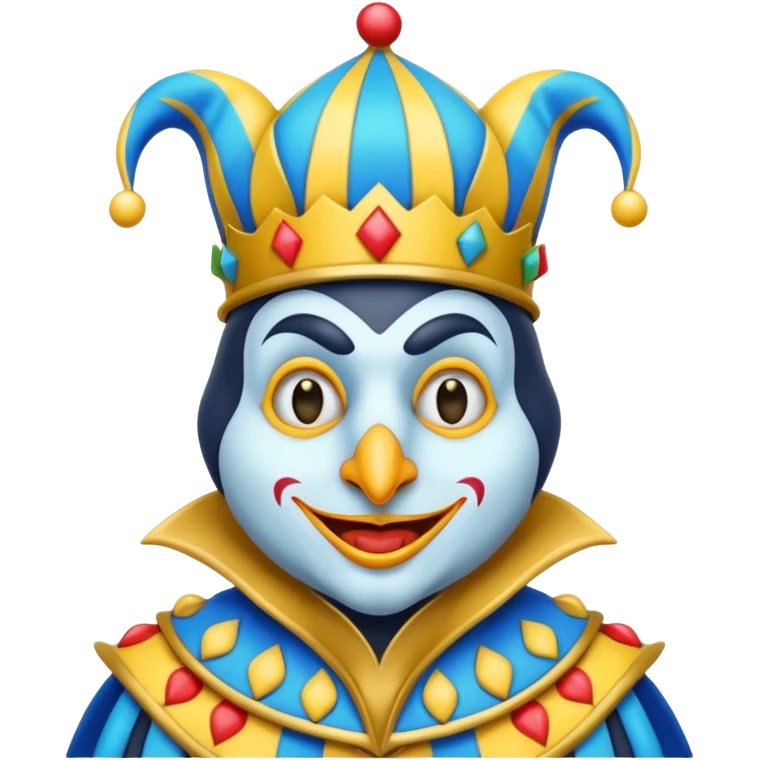 crazy colorful neutral penguin jolly joker, medieval, vintage, court jester, mac os icon, blue color emoji