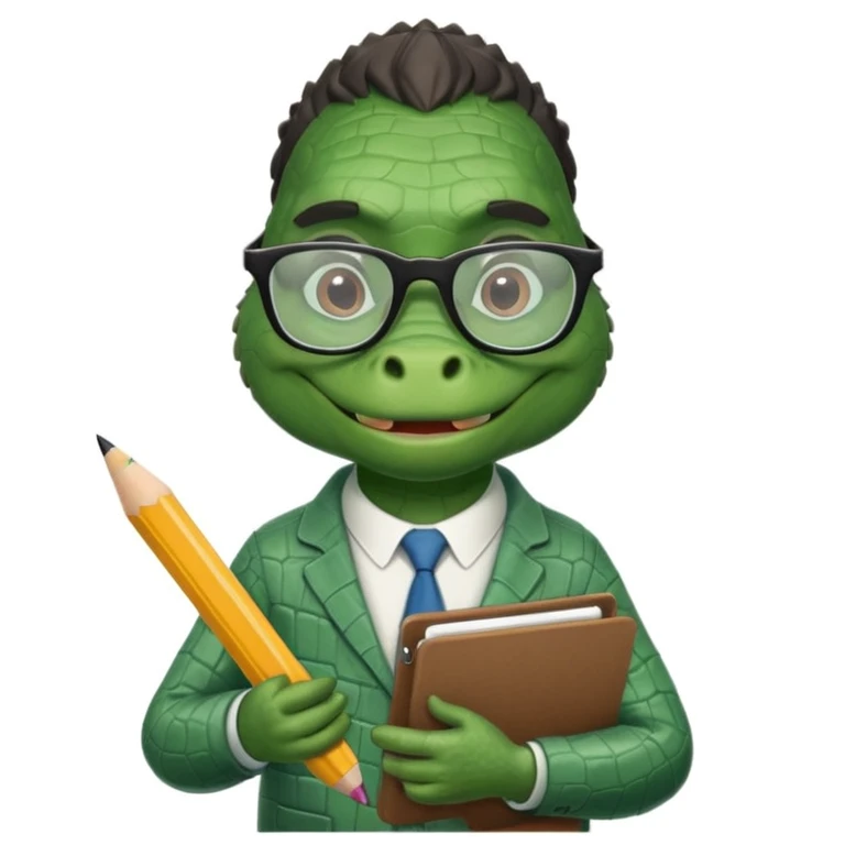 A 1960s style image of a gator with a clipboard and a pencil emoji