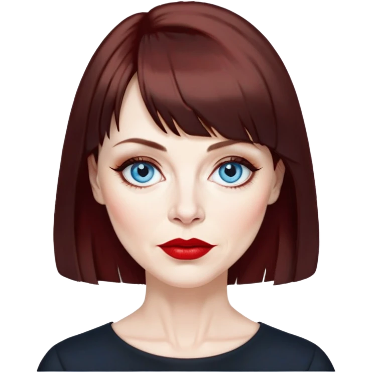 Artistic woman in her late 50s with pale skin, wider face, visible age lines around eyes and mouth, blue eyes with eyeliner, thin eyebrows, red lipstick, dark auburn hair with bangs styled more conservatively, wearing a black top emoji