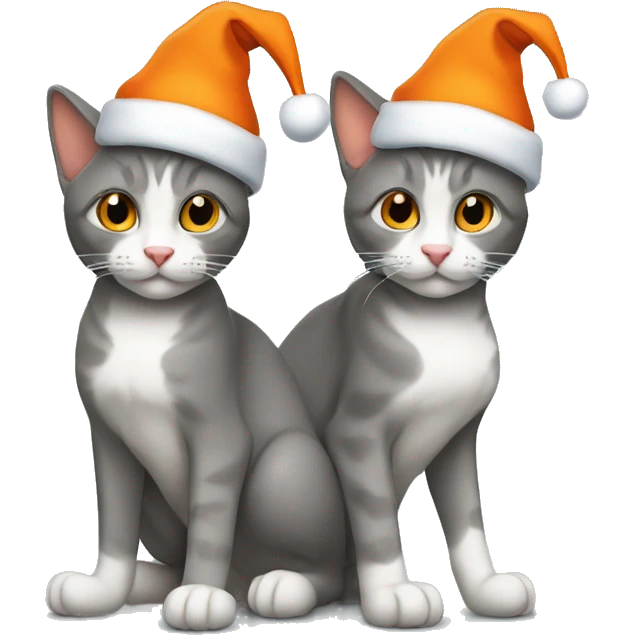 Two cats gray and orange are wearing Christmas hats emoji