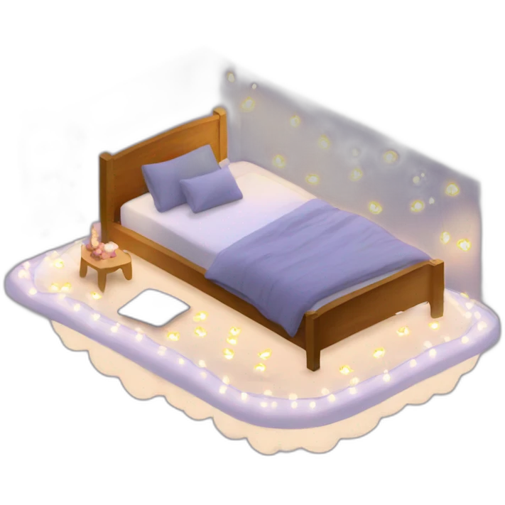 Design an inviting bed with floating pillows and fairy lights, in a dreamy bedroom." emoji