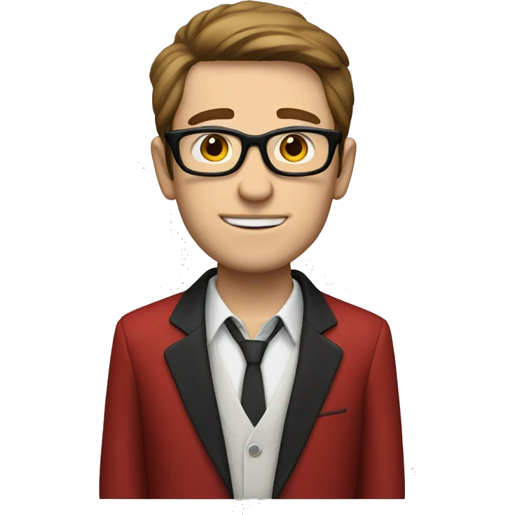 skinny white guy with brown hair, black glasses and red suit emoji