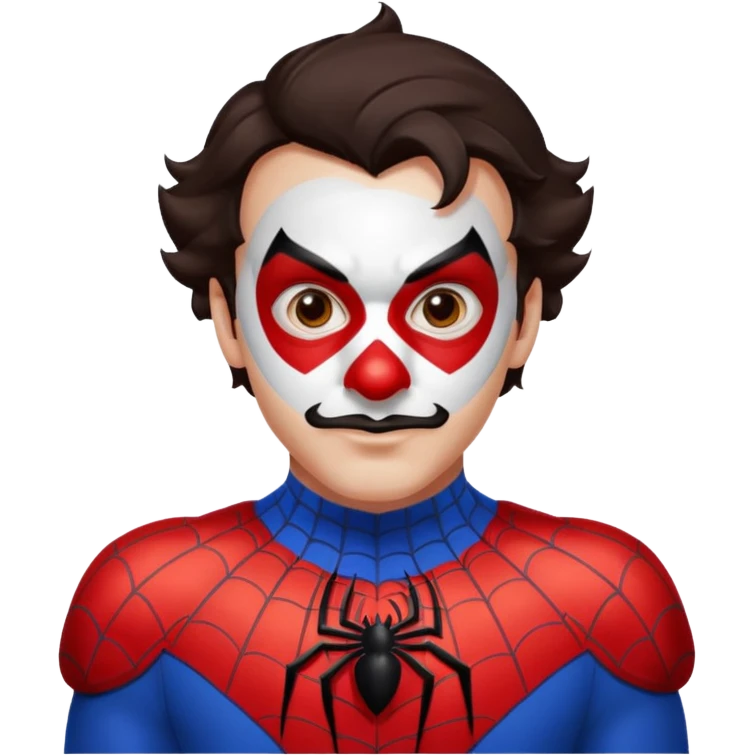 Create a man with brown eyes and dark hair into Spider-Man and a clown nose emoji