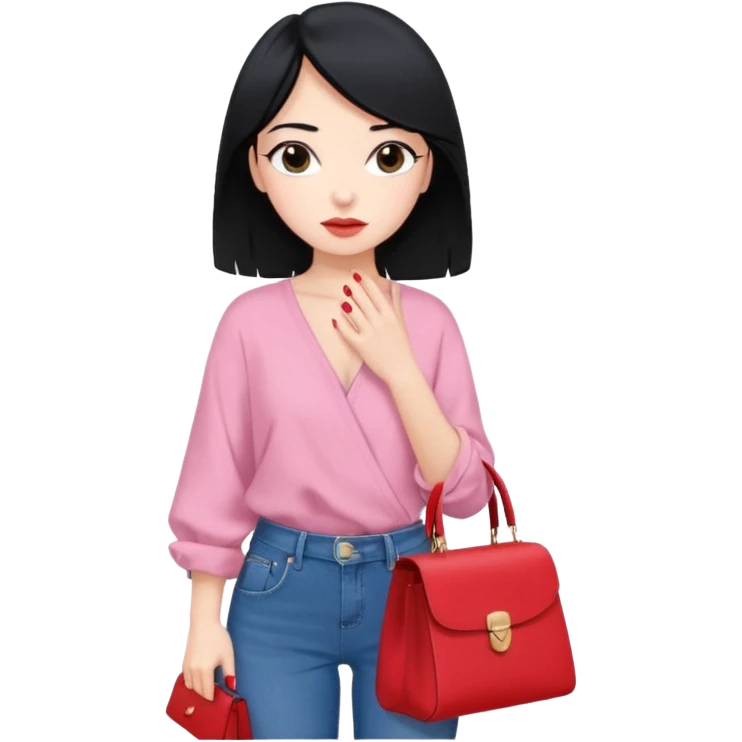A girl black hair girl, w long light pink nails, wearing a black baggy jeans and blue ￼wrap blouse, w a red bag, her expression is nonchalant  emoji