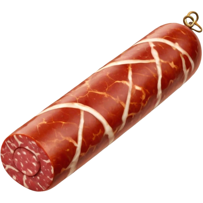 whole dry-cured sausage, firm cylindrical shape, rustic white-mottled casing, one end cleanly sliced to show dense marbled deep red meat and white fat, slightly wrinkled surface, artisanal look, no string, board, or slices, soft lighting, emoji scale emoji