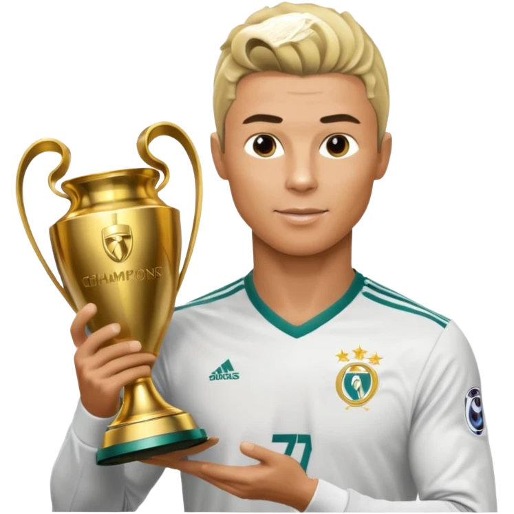 Cristiano Ronaldo holfing the champions league with noodle hair a bit longer noodle hair with a bit of blonde highlights and tge hair xoming down a bit just a bit of blonde not completely emoji