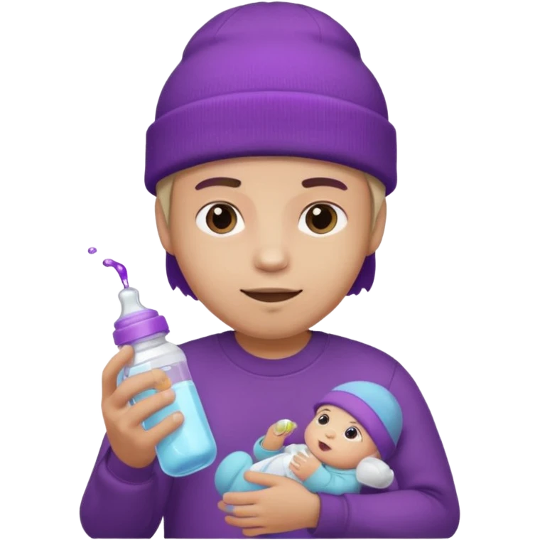 guy with beanie holding a baby bottle with purple liquid emoji