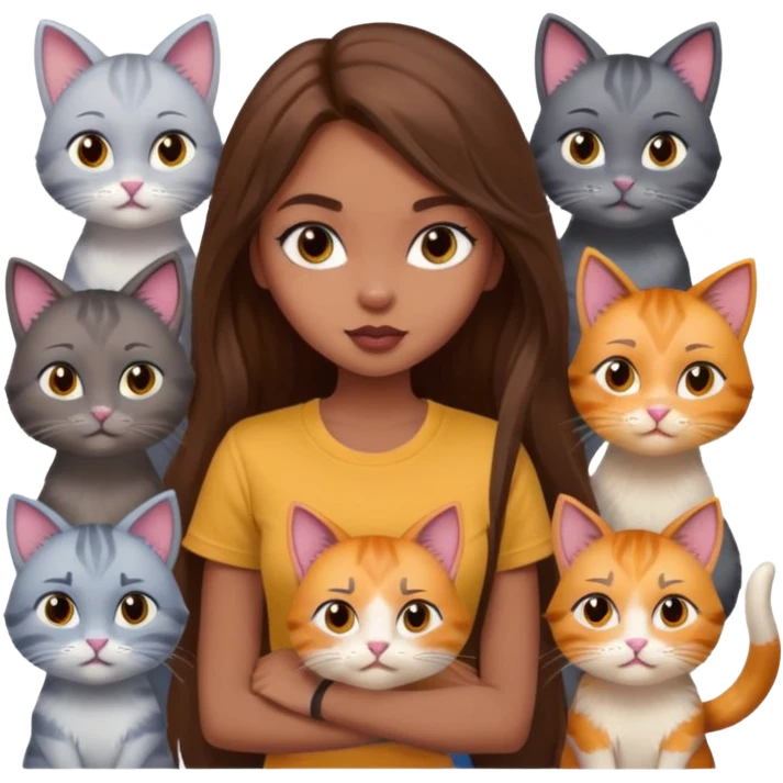 a pretty bratz dusky girl with long brown hair with six cats nd wearing a grey tshirt emoji