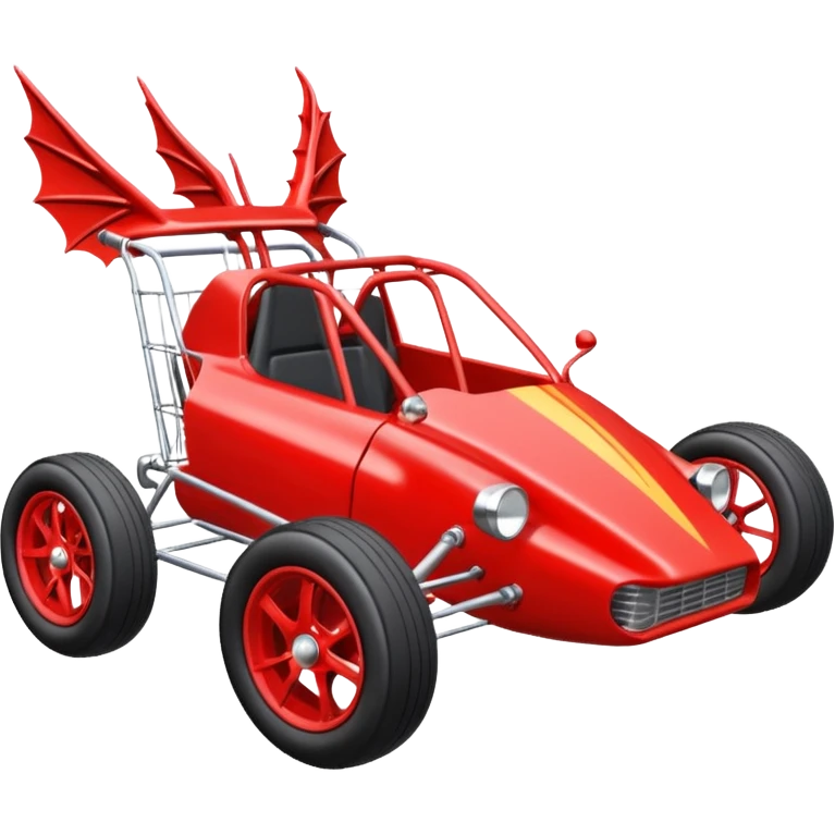 Special three cylinder race car whose frame and suspension is made of shopping cart material with a large rear spoiler is being professionally steered driven by a small thin dragon  emoji
