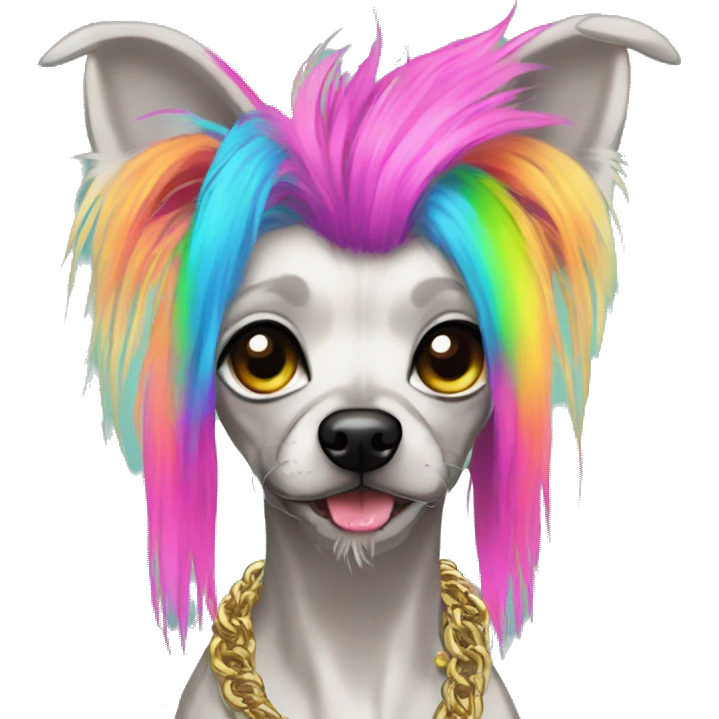Punk Chinese crested dog neon rainbow hair gold chain piercings tattoos ear piercings emoji
