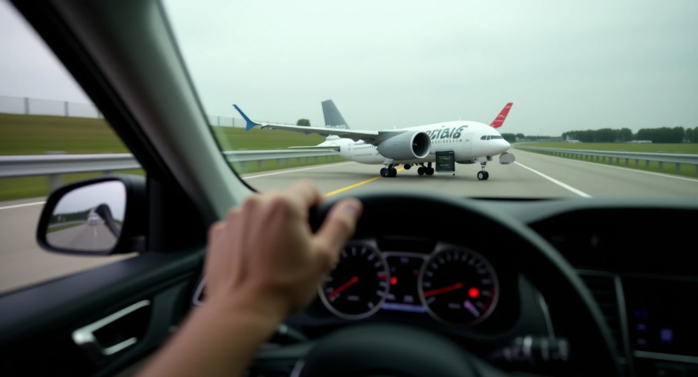 Realistic camshot pov car (hands holding car wheel) shot of a plane crash on highway emoji