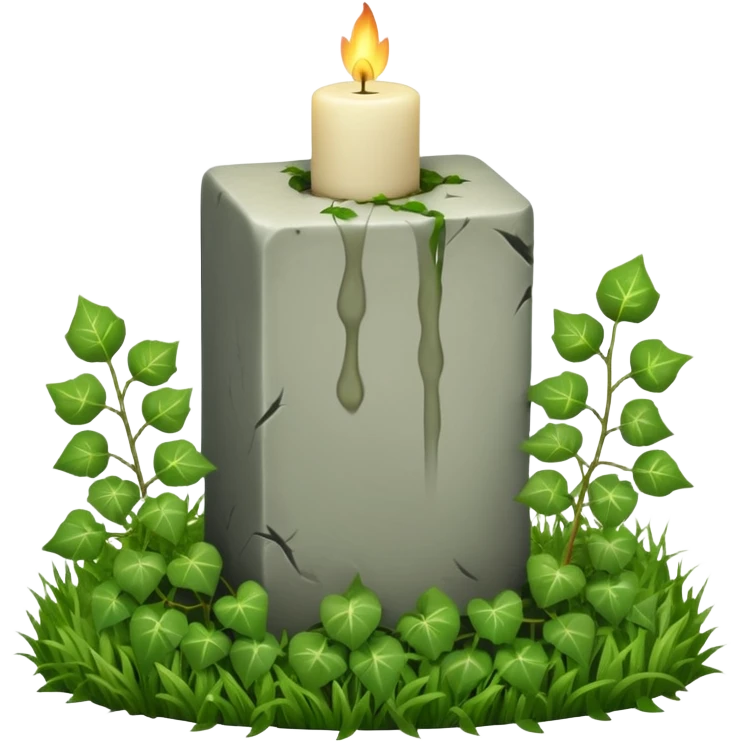 Gravsten med lite ivy som klättrar på den och framför i gräs ett stående vitt brinnande blockljus emoji