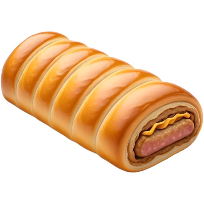 Cinematic Realistic Sausage Roll Dish Emoji, depicted with a crisp, golden pastry wrapped around flavorful sausage, rendered with detailed textures and appetizing lighting. emoji