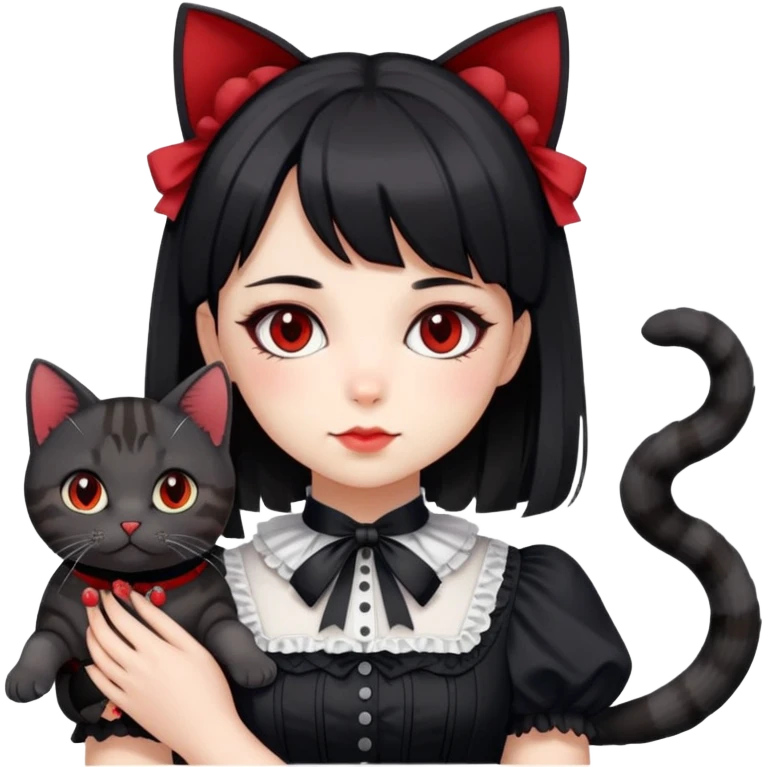 girl wearing black Lolita style dress, with medium-length black hair with red tips, and a black American Shorthair tabby cat emoji