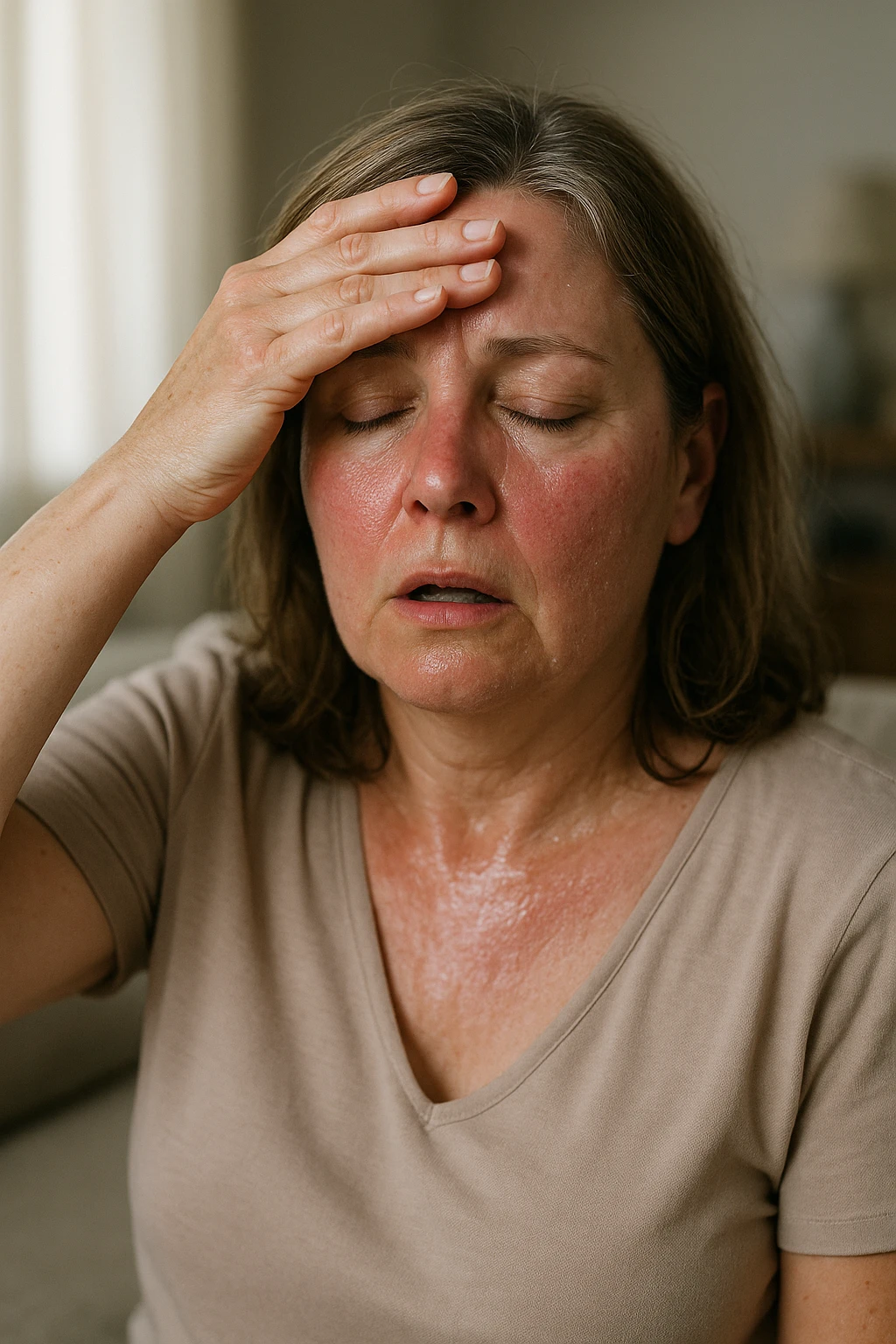 Donna in menopausa con sintomi evidenti. immagini specifiche, senza testo. immagini realistiche 4k emoji
