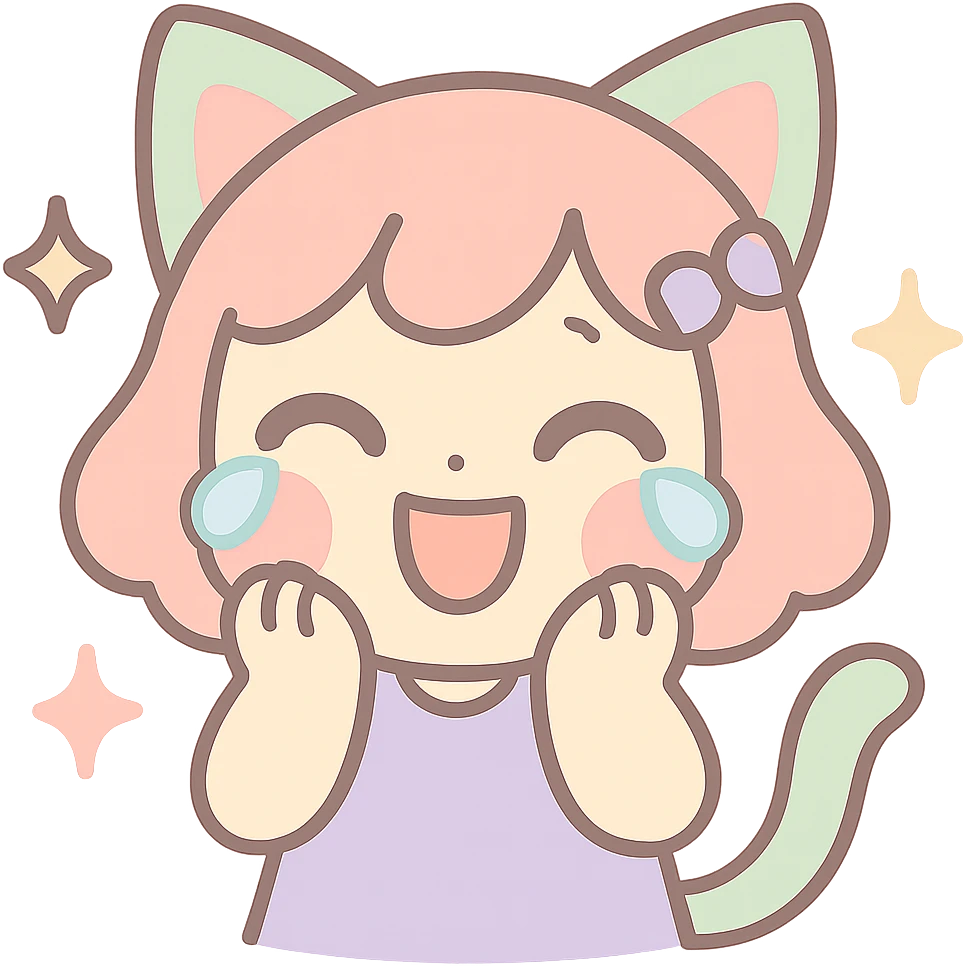 kawaii style neko catgirl laughing with tears, hands on cheeks, sparkles, soft shading emoji