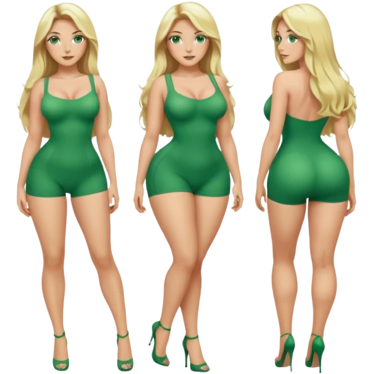 Blonde, green eyed woman with long  hair. She is curvy with a big butt and small breast. She is in sexy clothes nude and full body exposed. She has nice long legs. She is doing sexy pose emoji