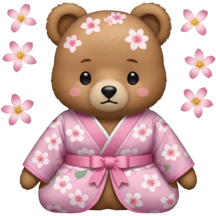 A cute light-brown bear wearing a pastel pink sakura-patterned kimono with a small ribbon on the back, normal balanced head and body proportions, sleepy half-closed eyes, mouth slightly open in a drowsy expression, tiny “zzz” floating near the head, a couple of sakura petals around
 emoji