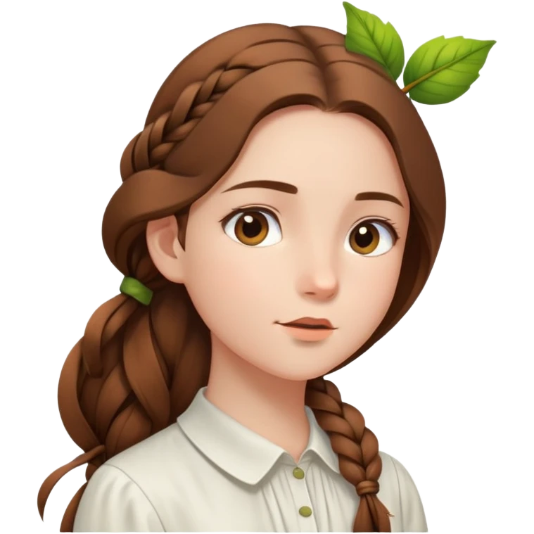 A girl with a long braid, a brown hairpin shaped like a leaf, and a white blouse, breathing in the spring air. emoji