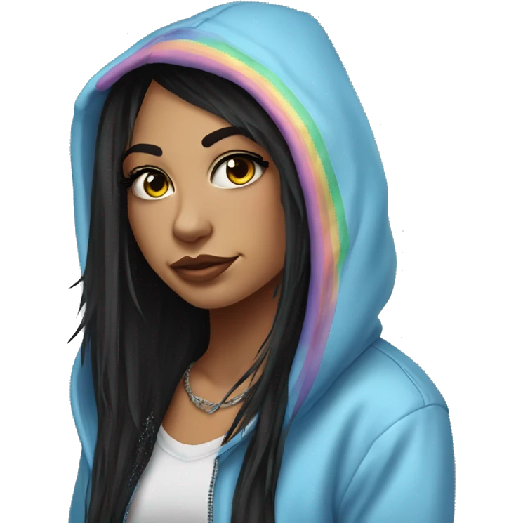 Pretty Girl with tattoos, long eyelashes, winged eyeliner, sky blue eyes, long black hair with rainbow fringe wearing a hoodie emoji