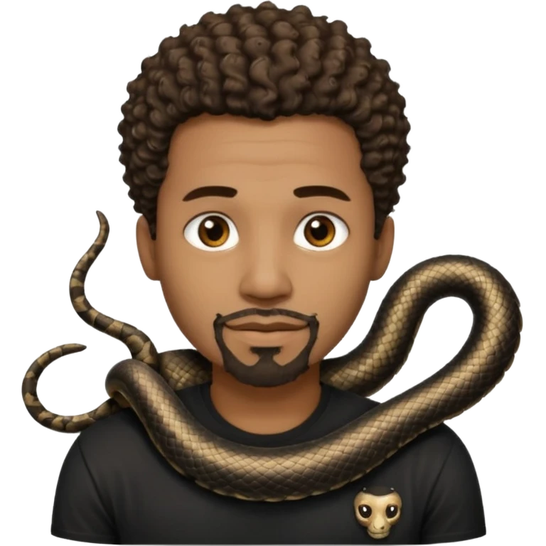 Homme couleur de peau noir, yeux marron avec un bouc que le menton, cheveux court et bouclé crépus avec dégradé sur le côté, avec un cobra à côté , t-shirt noir  emoji