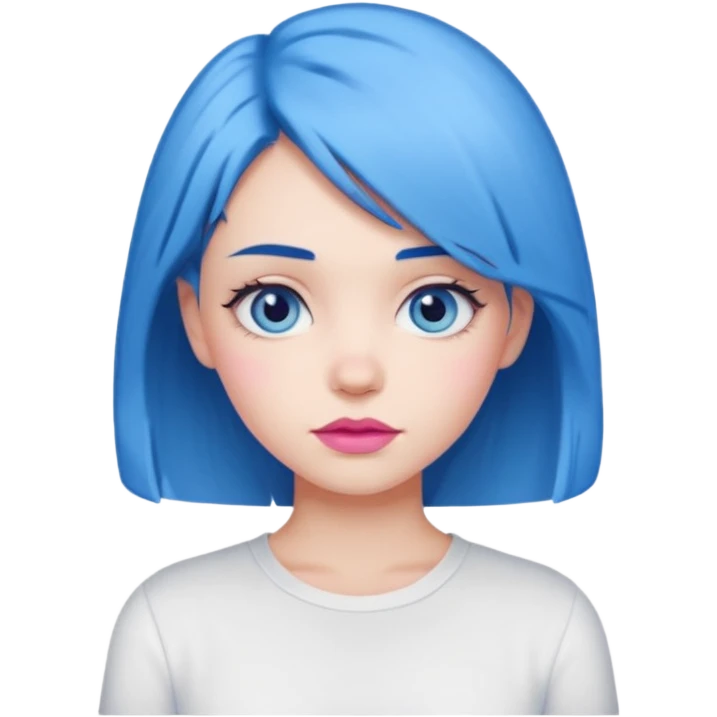 girl with blue hair to shoulders, blue eyes, pink lips, wearing a white shirt emoji