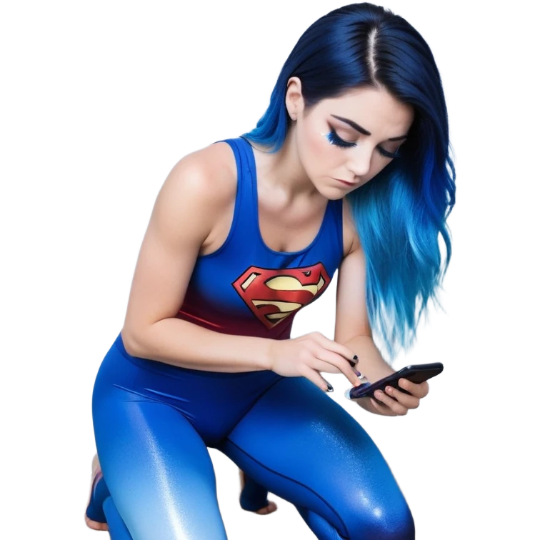 Disapponted-big tears-head back texting on phone-very very large upper body-sexy face-bending forward at waist-very long very straight dark blue to light blue ombre hair-and-blue eyes-thick black eyeliner-long eyelashes-iridescent blue lowcut tanktop with black leggings with glitter superman logo emoji