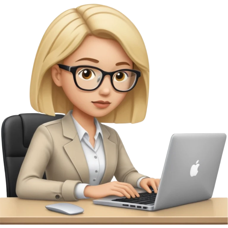a focused female professional at her desk, working on a laptop with a keyboard nearby emoji