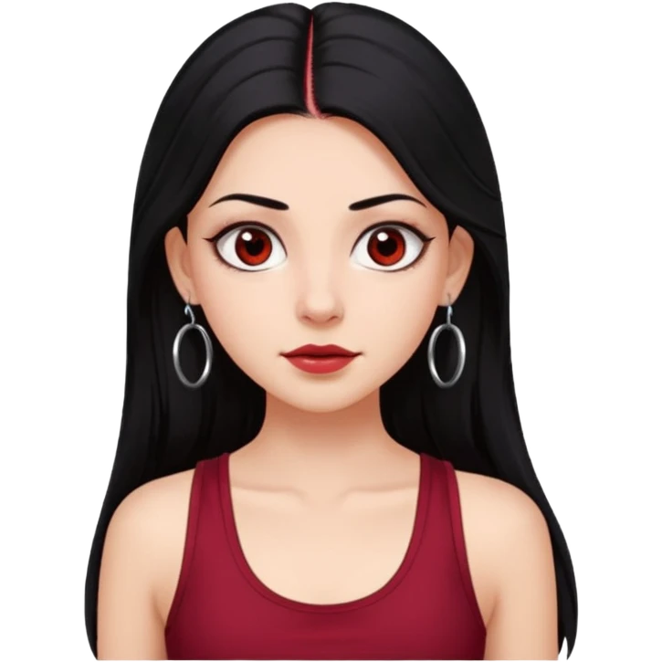 a pretty bratz fair girl with long black hair, kajal under eyes, small silver hoop. Dark cherry red tank top on.  emoji