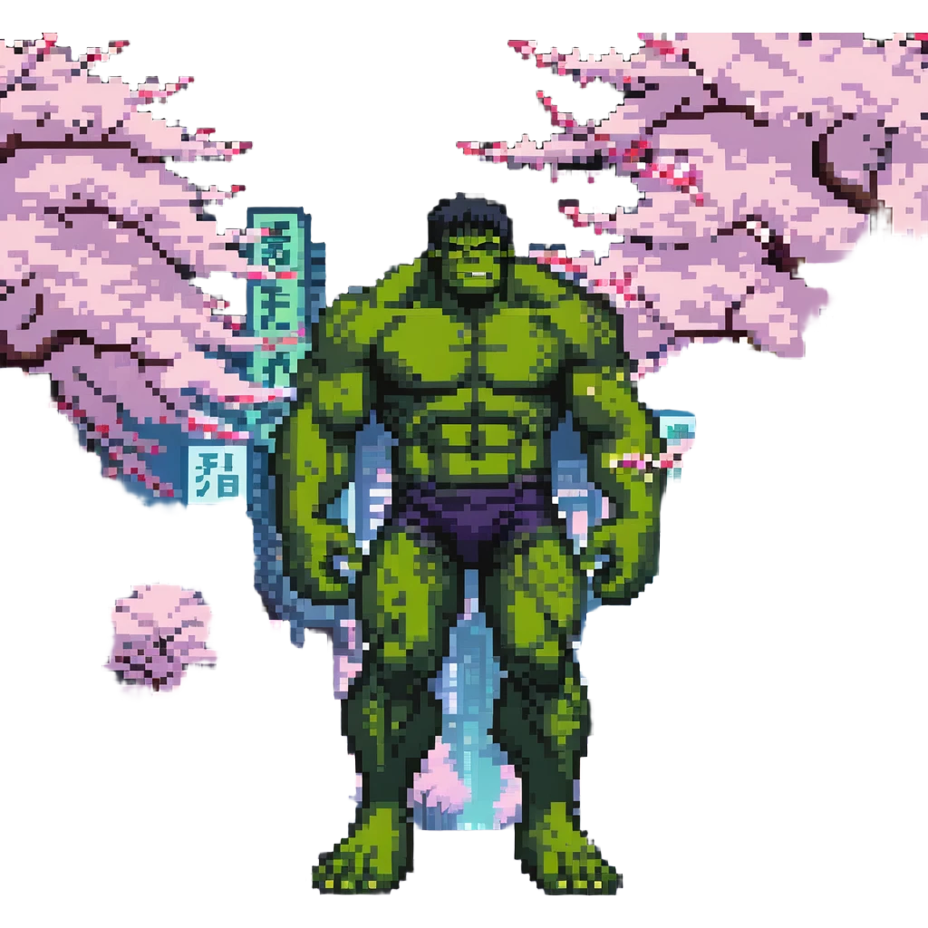 the Hulk standing in a Japanese city with cherry blossoms and neon signs emoji