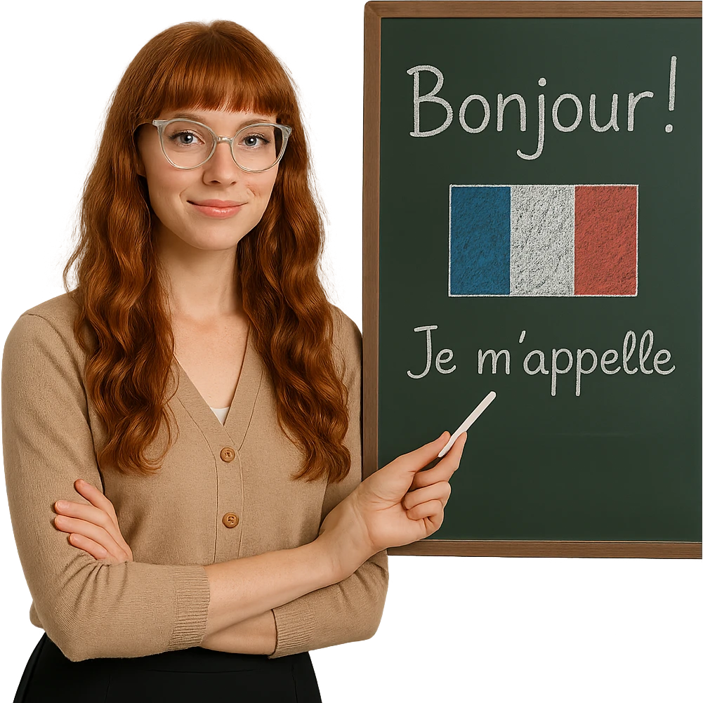 redhead woman, long wavy hair, bangs, cat-eye clear-framed glasses, blue eyes, French teacher, standing by a chalkboard emoji