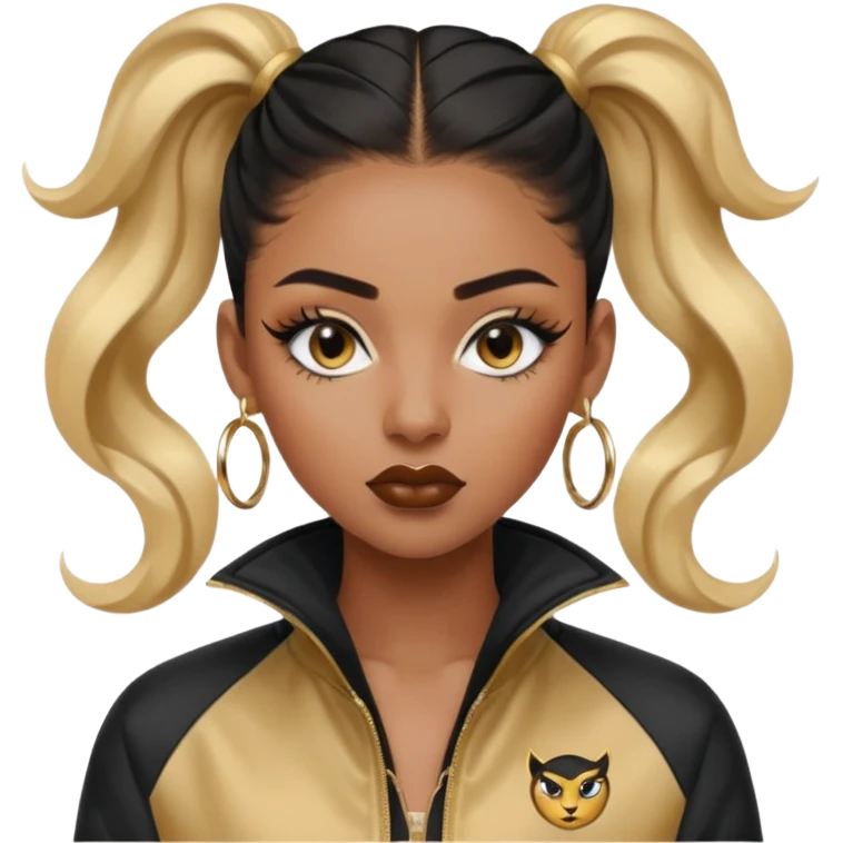 “black Emoji girl, fierce confident expression, sharp black winged eyeliner, bold brows, matte nude lips, long curled lashes, sleek high ponytail, gold hoop earrings, sporty streetwear jacket.” emoji
